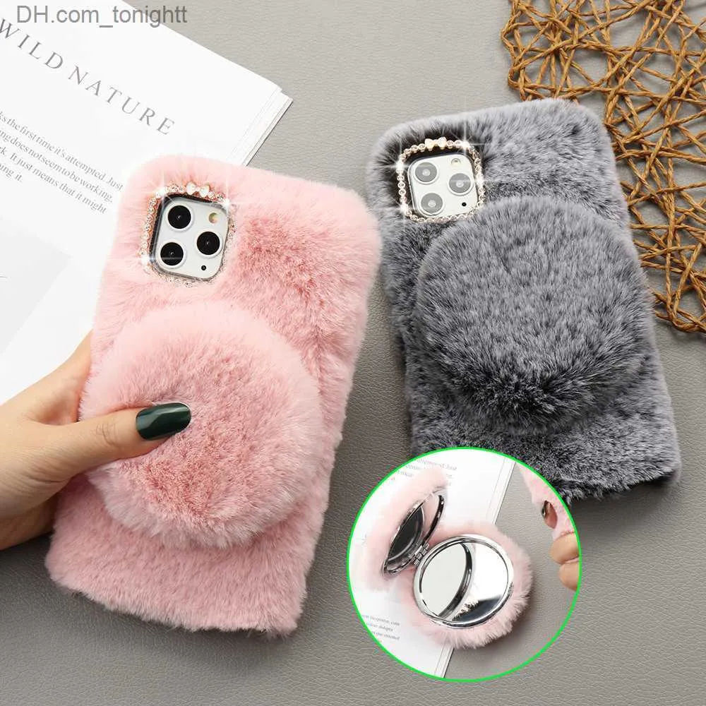 Cas de téléphone portable Fille Glitter Miroir Fourrure Téléphone Cas pour IPhone 11 Pro Max XS Max XR X Doux Chaud Fourrure Moelleuse Couverture pour iPhone 6 6S 7 8 Plus Coque Z230727