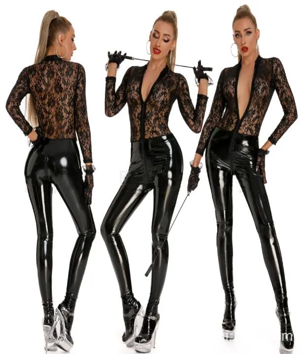 Top en dentelle serré épissage pantalon en cuir verni brillant PVC fermeture éclair entrejambe ouvert une pièce en cuir sexy sous-vêtements reine