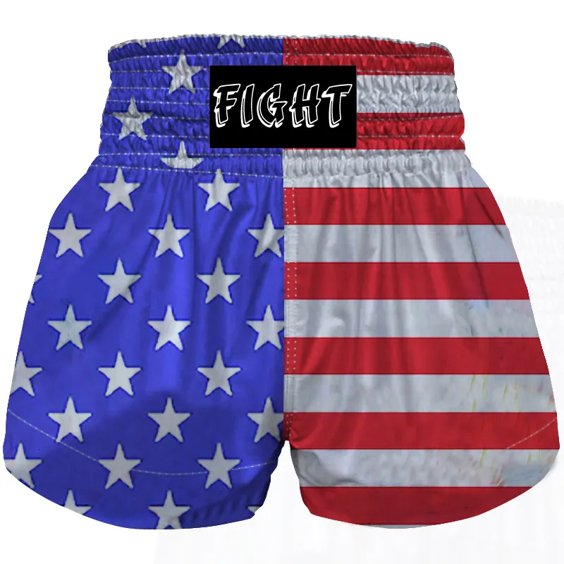 Shorts masculinos Custom boxing Muay Thai Shorts para homens e mulheres American Flag Sports shorts MMA Combat BJJ Gym Martial Arts training short 230726