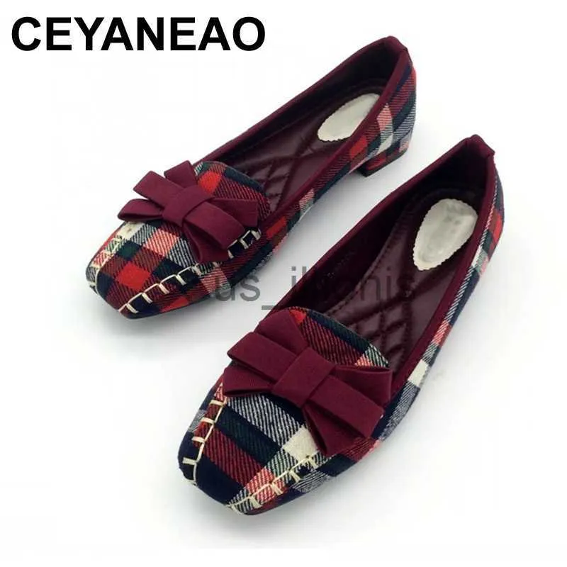 Dress Shoes CEYANEAO England Style Gingham Women Casual Loafers Spring Autumn Bowtie Slip On Flats For Woman Ladies Single Shoes J230727