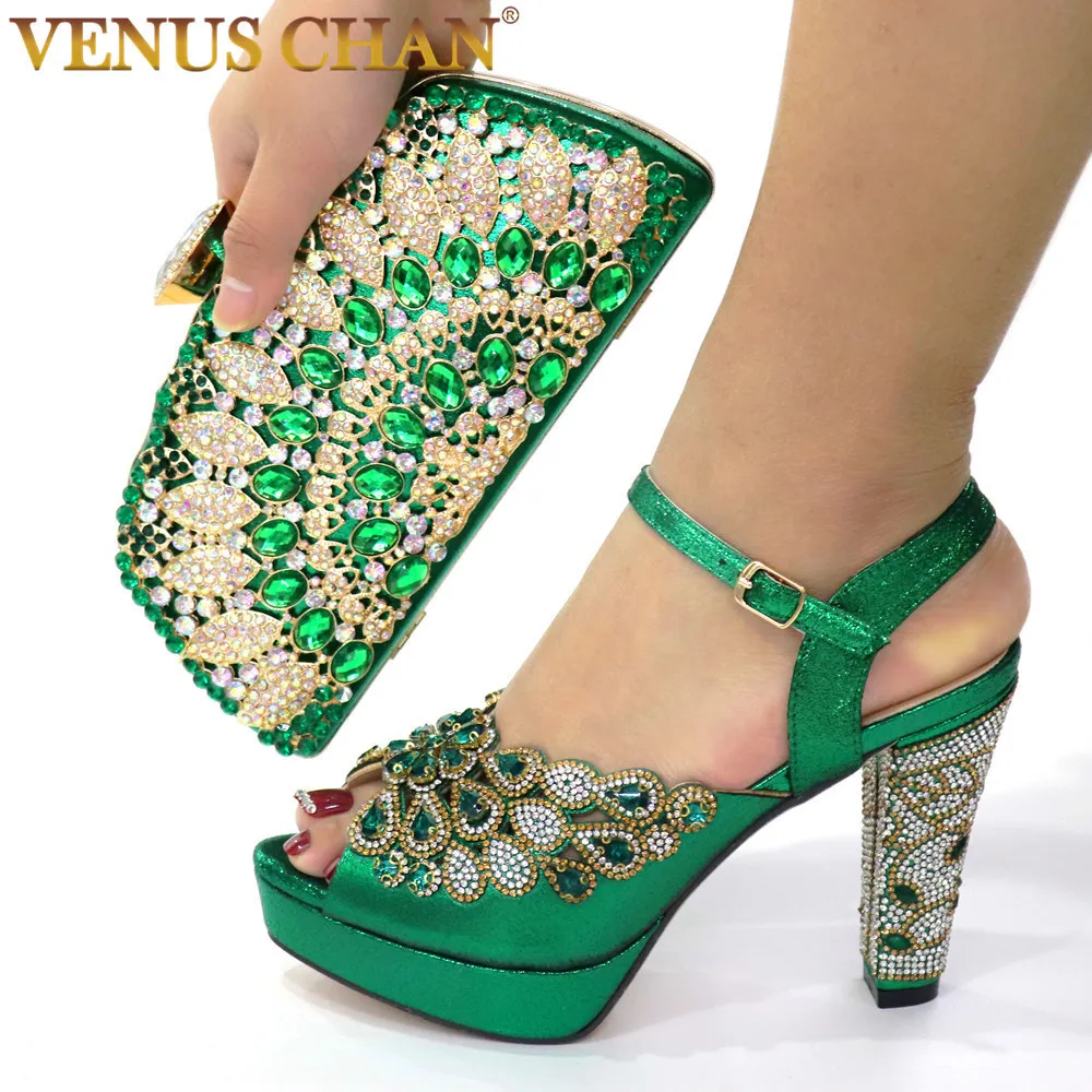 Sandals GREEN With Print Desgin Shoes And Evening Bag Set Sandal Shoes With Handbag Heel Height 10.5CM 230726