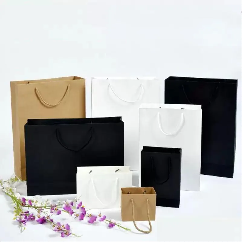 Sacos de embalagem de presente de papel com alça preto marrom rosa branco cores bolsas roupas joalheria saco envoltório bolsa reciclável embalagem Dro Dh5Qe