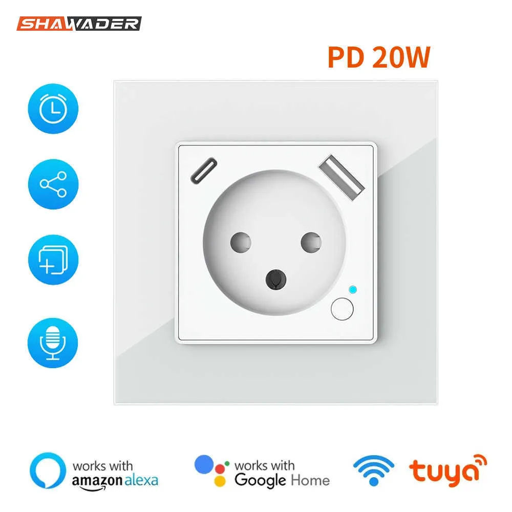 Smart Power Plugs Shawader Tuya WiFi Smart Israel Wall Socket EU Power Plug Outlet USB Type-C PD 20W laddningsport för iPhone Alexa Dot Home HKD230727