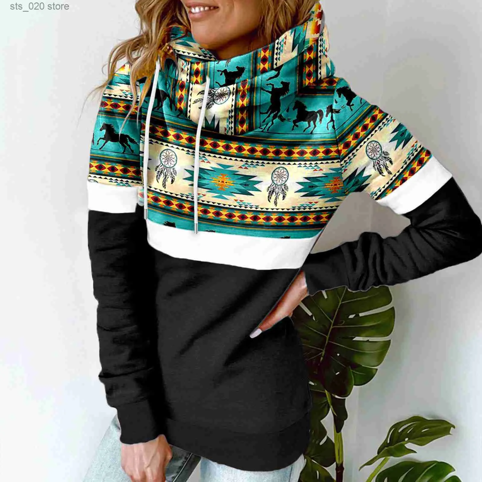 Hoodies Sweatshirts Dames geometrisch patroon Warme sjaal Hals Hoodie Pullover Vintage Western Etnische stijl Azteekse print Trekkoord Hooded Sweatshirt T230727