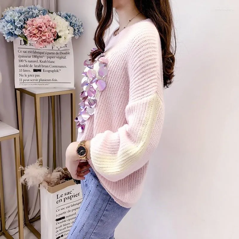 Kvinnors tröjor söta kvinnor Autumn Round Neck Loose Pullover paljetter Långärmning Knitting Fashion College rosa tröja toppar