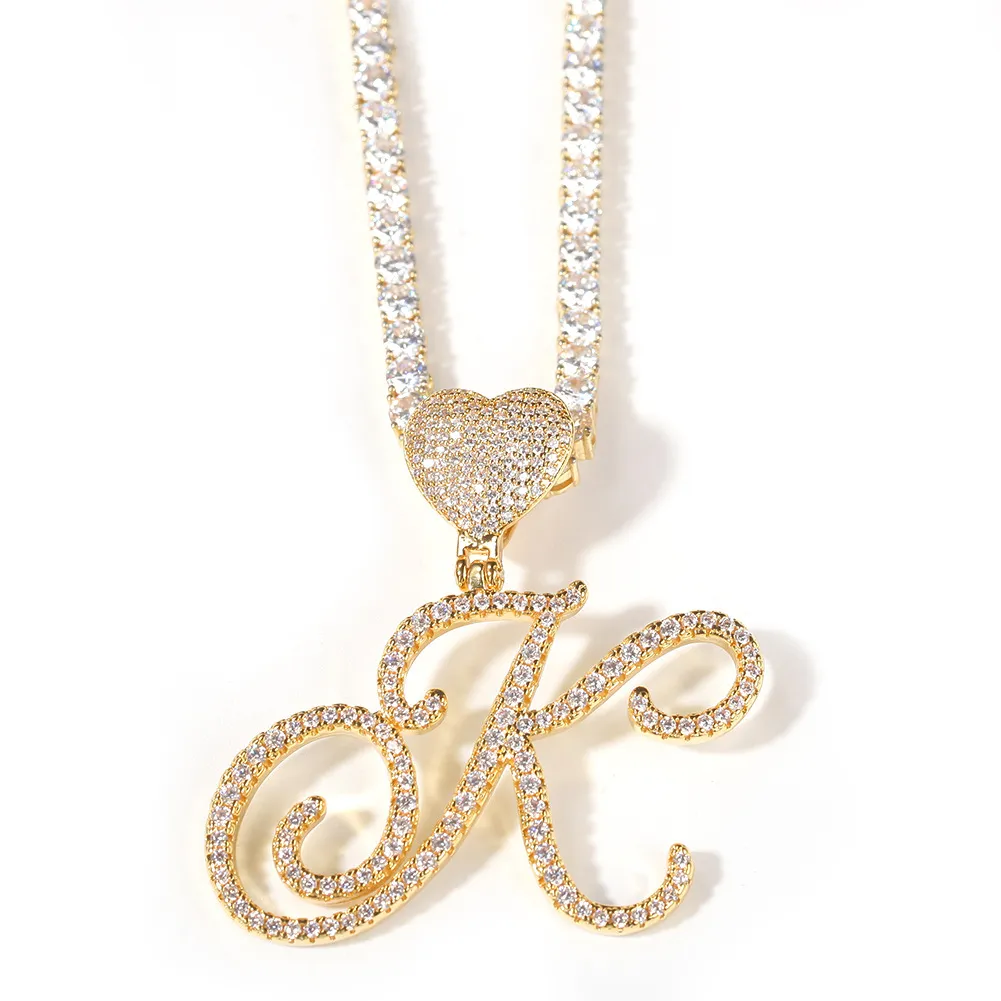 Hip Hop A-Z Letters Pendants Collier Cœur Boucle 18K Real Gold Men Gift