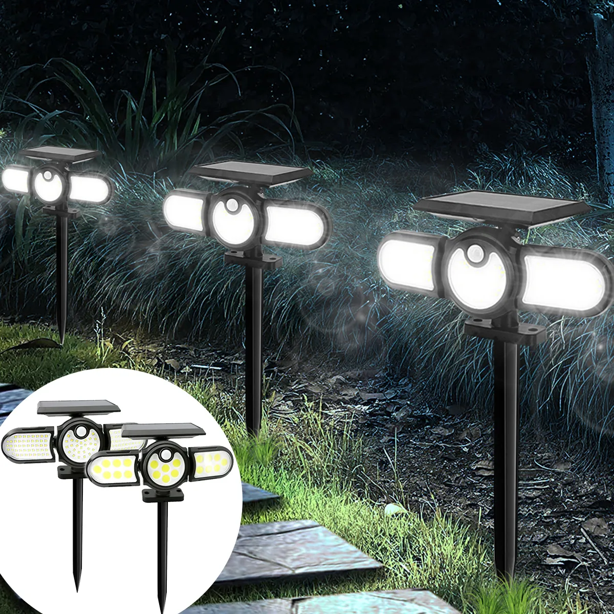 Tuin Decoraties 140 COB Solar Path Light Bewegingssensor Soalr LED Outdoor IP65 Waterdicht Drie Hoofd Schijnwerpers Spotlight 230727