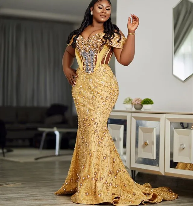 2023 Aso Ebi Or Sirène Robe De Bal Paillettes Dentelle Soirée Formelle Partie Deuxième Réception Anniversaire Robes De Fiançailles Robes Robe De Soirée ZJ775