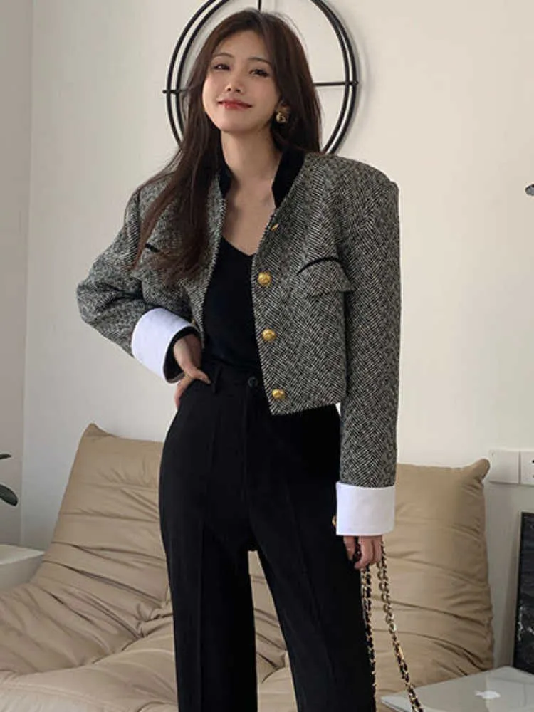 New Fashion Womens Vintage Tweed Jacket Korean Chic Contrast