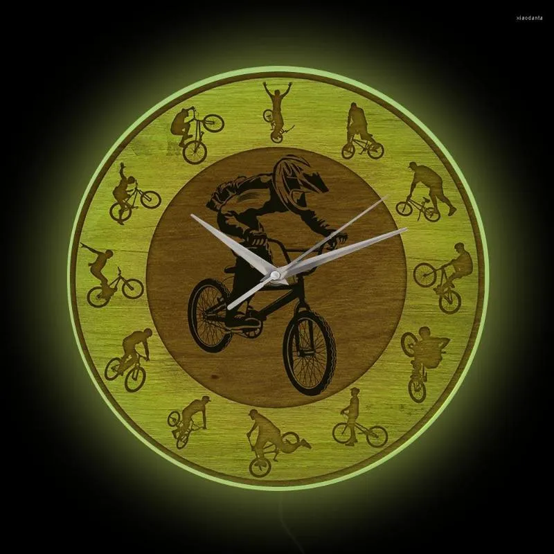 Wall Clocks Freestyle BMX LED Night Light Clock For Boys Room Bicycle Neon Sign Home Decor Luminous Cyclist Bike Rider Gift