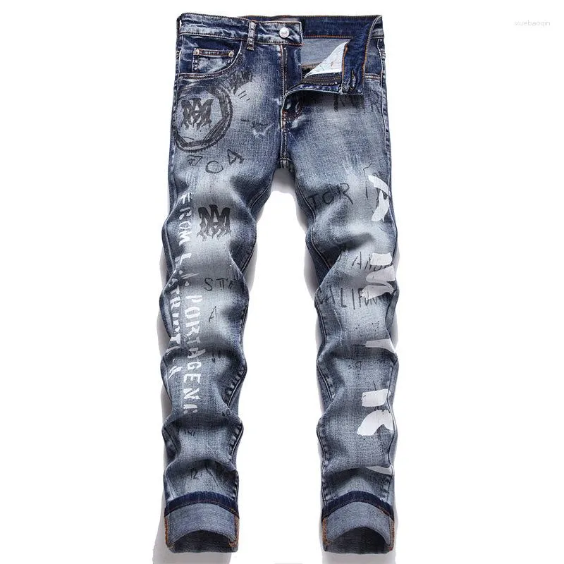 Jeans da uomo Uomo Denim Stampato per pantaloni gotici di design Pantaloni da motociclista streetwear elasticizzati slim fit Hombre Jeans skinny strappati hip-hop