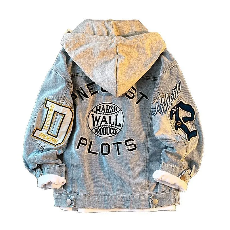 Korean Childrens Denim Cotton Hooded Boys Jeans With Letter