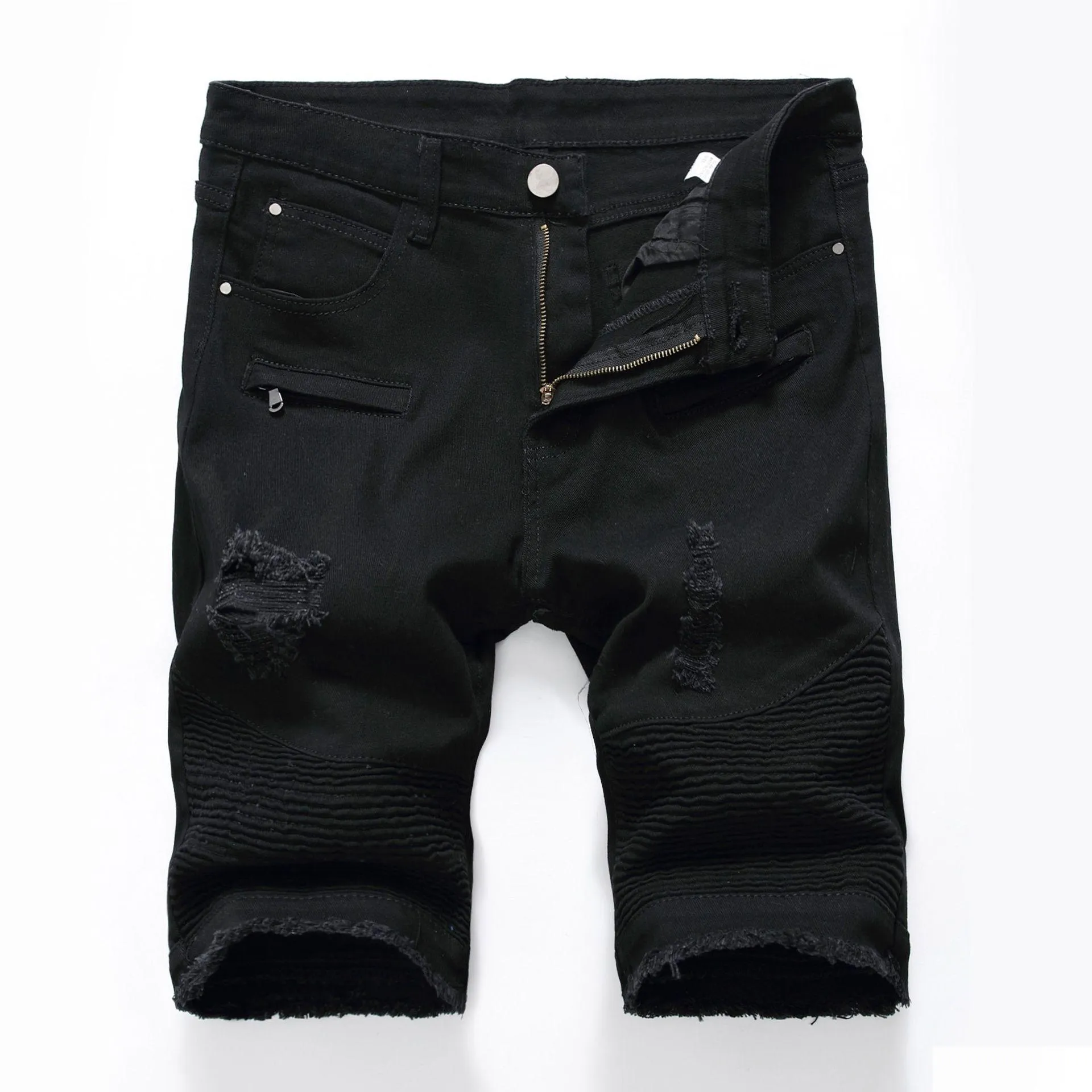 Män jeans män denim shorts knä längd smal passform stor storlek svartvitt hål slitna cyklist kort droppe leveranskläder mens koagel dhjmw