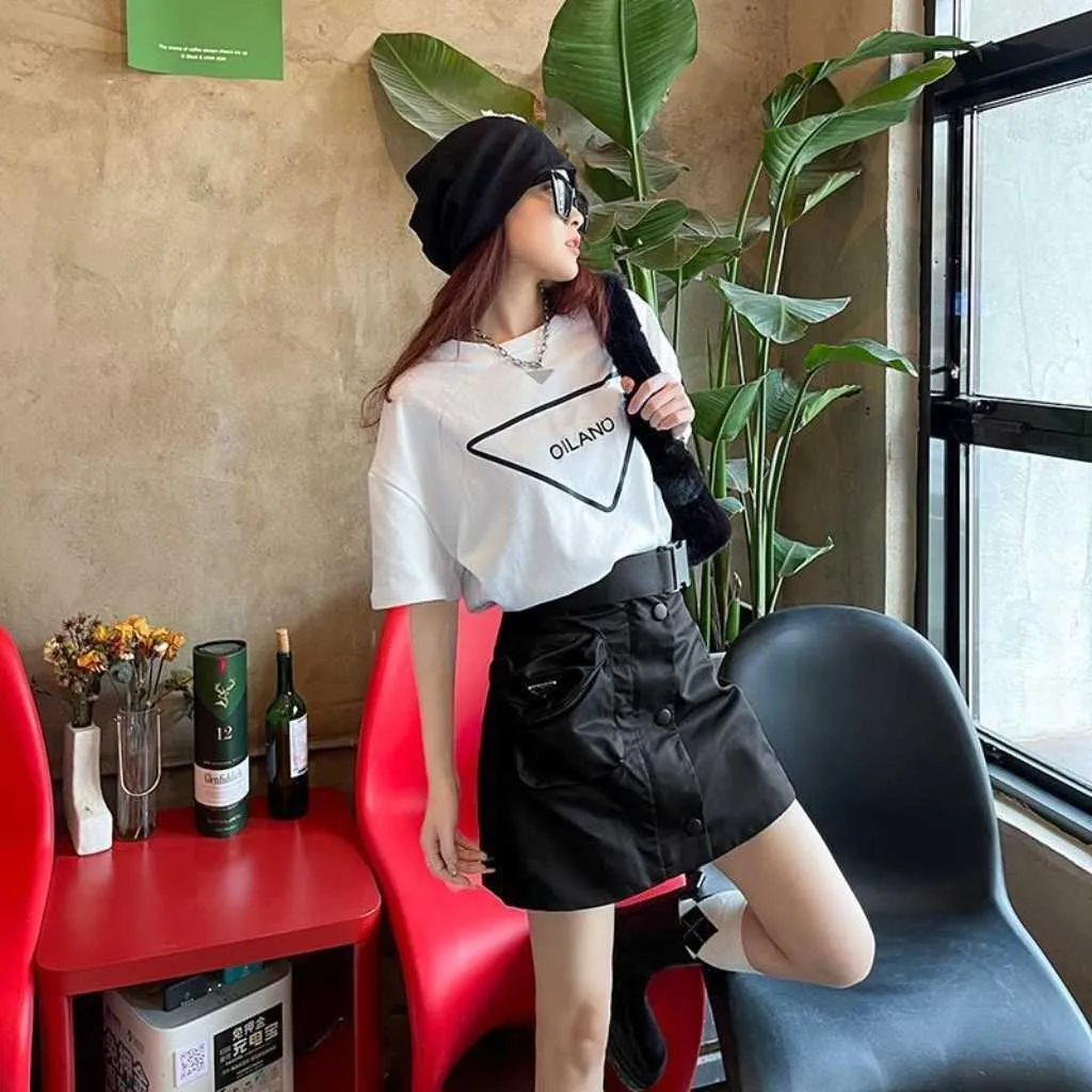 Summer women's letter printing short-sleeve processing straight skirt suit skirt, tooling skirt with belt casual fashion, polyester fabric comfortable not shrink.