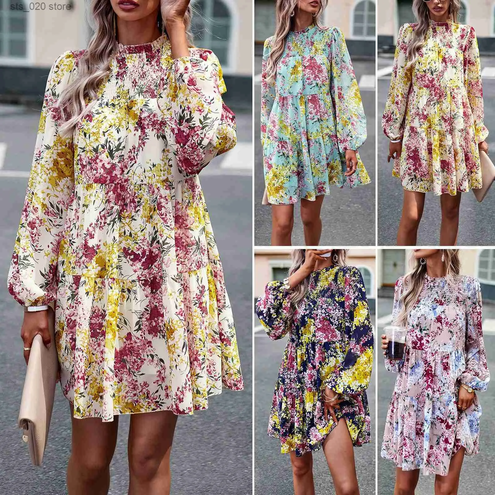 Basic Casual Dresses Printed Dress 2023 Autumn Elegant Long Sleeve Short Dress T230727