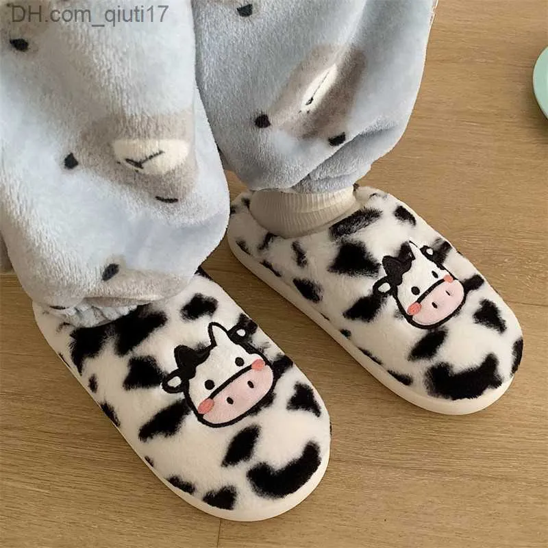 Slippers 2023 Milk Cow Fluffy Fur Slider Women's Winter Warm Shoes Closed Plush Lover Family Slider Kaii Cute Animal Frog Slider Z230727