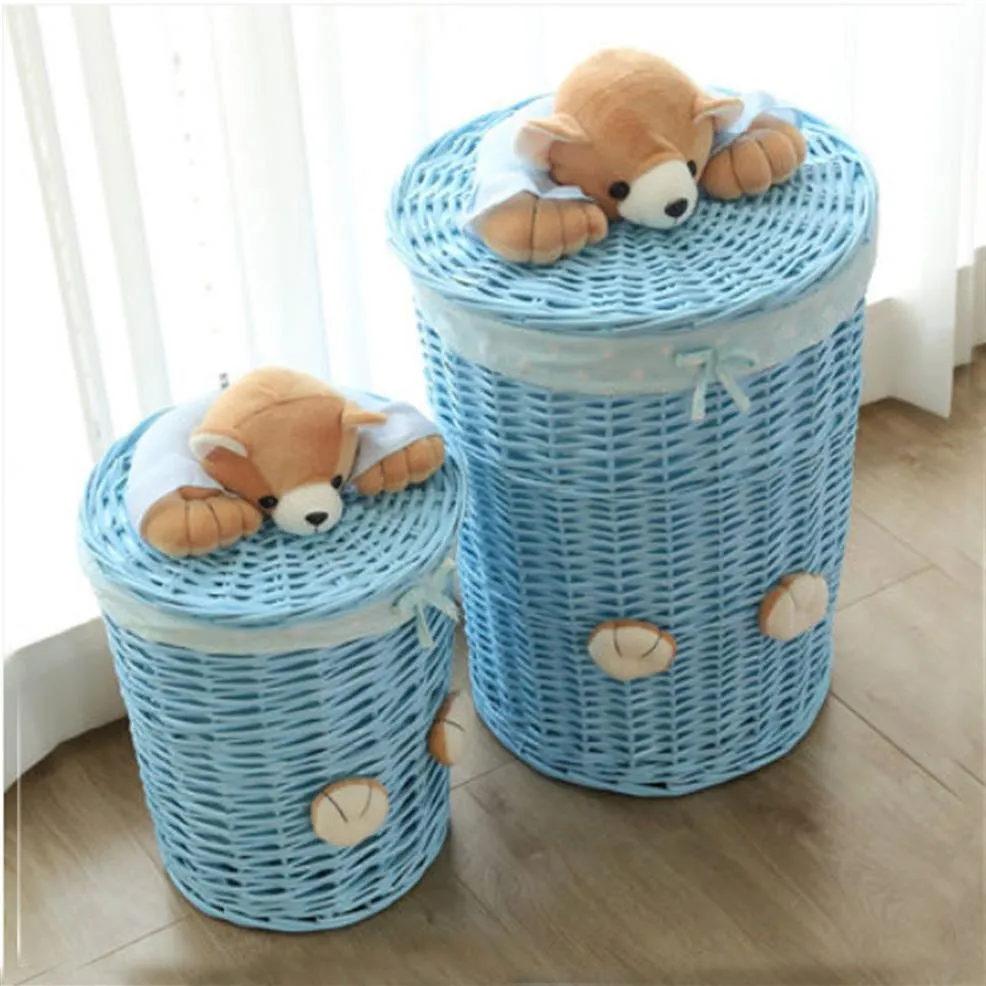 Small & Large laundry basket organizer woven wicker baskets Round Laundry Hamper Sorter Storage Basket with Bear Head Lid cesta LJ242W