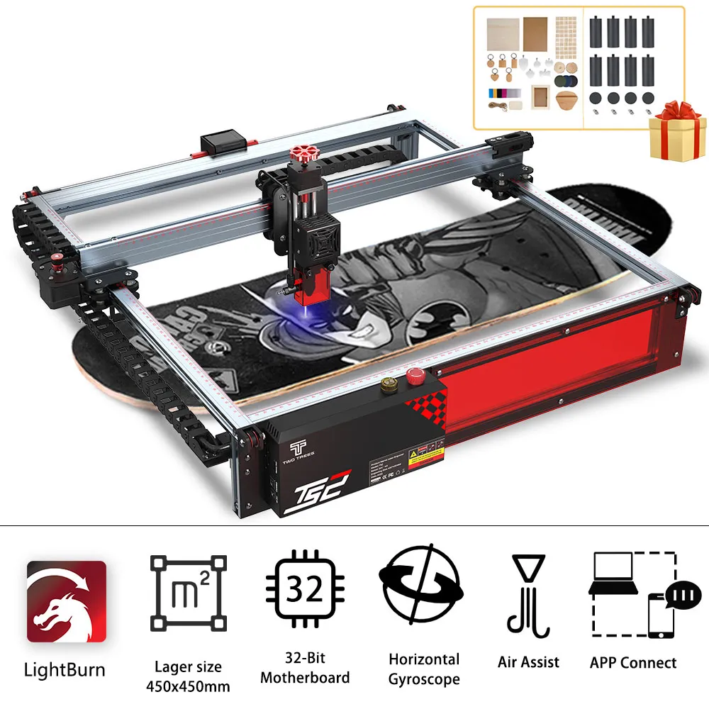 TWOTREES TS2 80W Lasergravermaskin 450x450mm Komprimerad Spot Technology LaserGrbl Lightburn WiFi Horisontell gyroskop