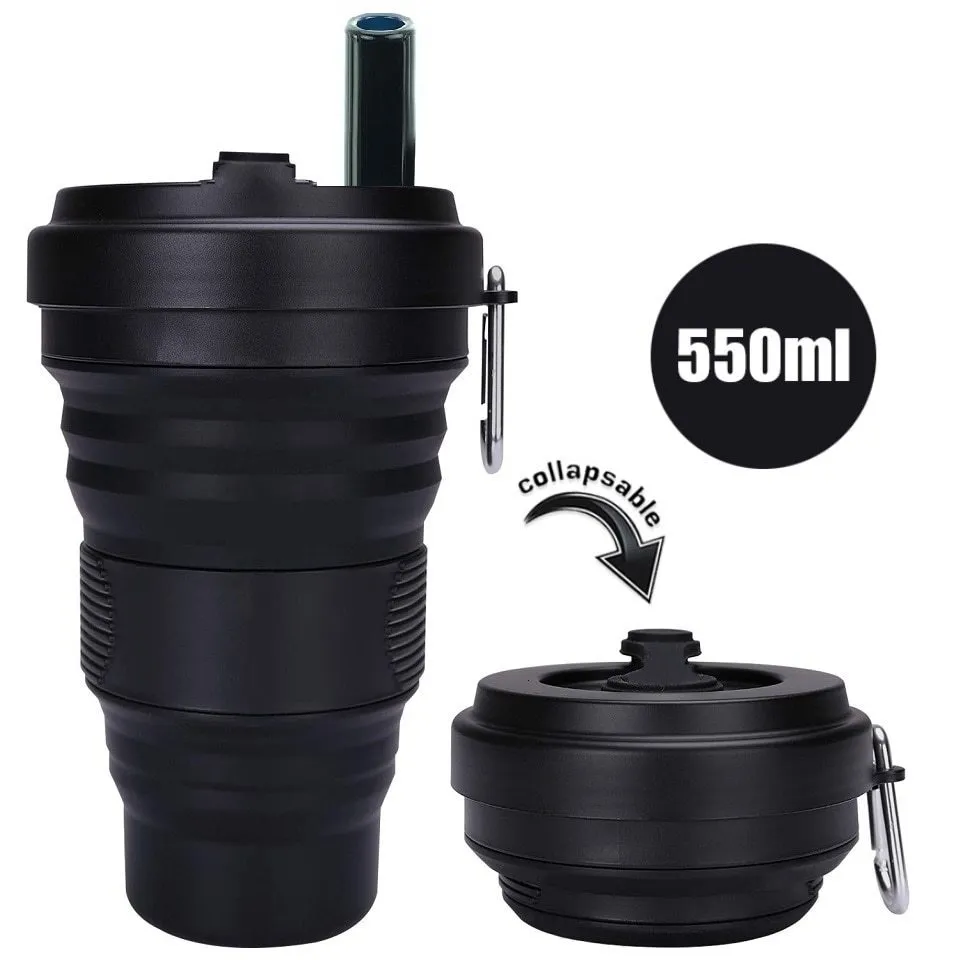 Bouteilles d'eau Collapsibl Tasse à café en silicone avec couvercle en paille Tasse pliante de 550 ml Anti-fuite Sans BPA Bouteille d'eau portable réutilisable Voyage Noir 230726