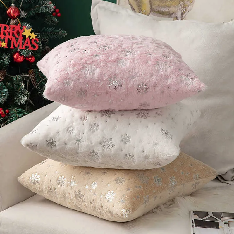 Cushion/Decorative 43x43cm Christmas Cushion Cover Plush Fur Snowflake Print Cushion Covers Decorative Cover for Sofa Livingroom Home Decor