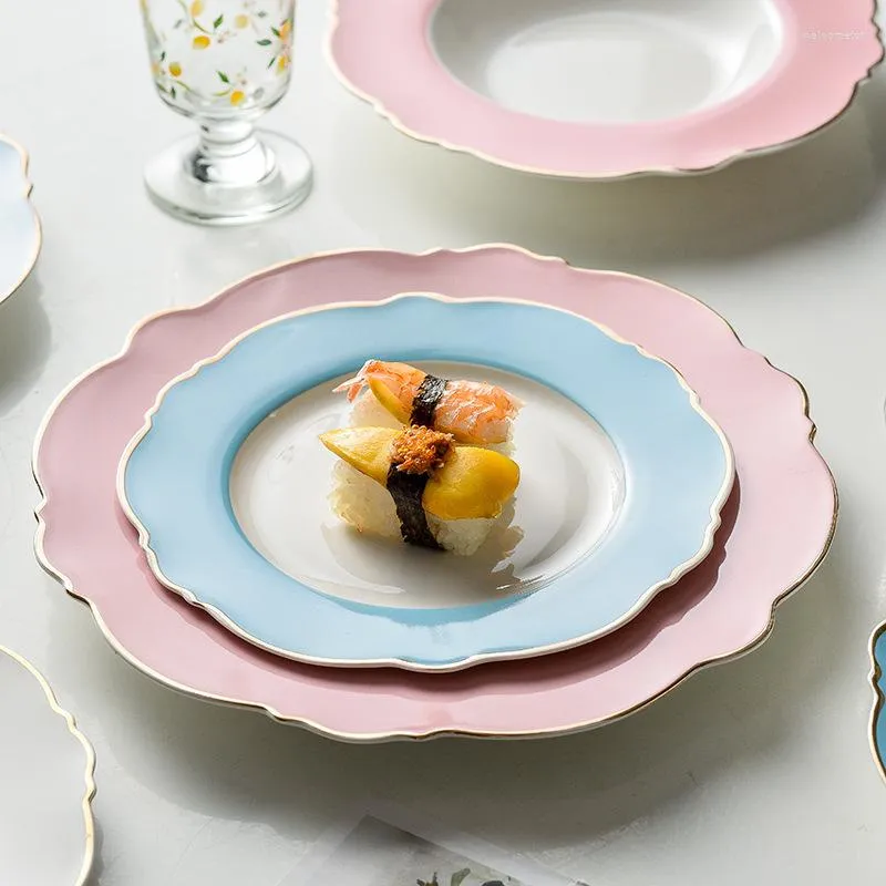 Plates Creative Golden Edge Ceramic Plate Simple Pink Wave Point Flat Steak Dish Girl Heart Dessert Tableware