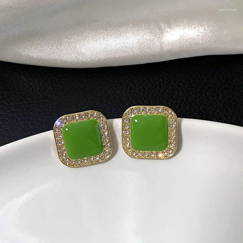 Oorknopjes Mode Groen Emaille Olie Vierkante Geometrie Voor Vrouwen 2023 Collectie Crystal Party Temperament Sieraden