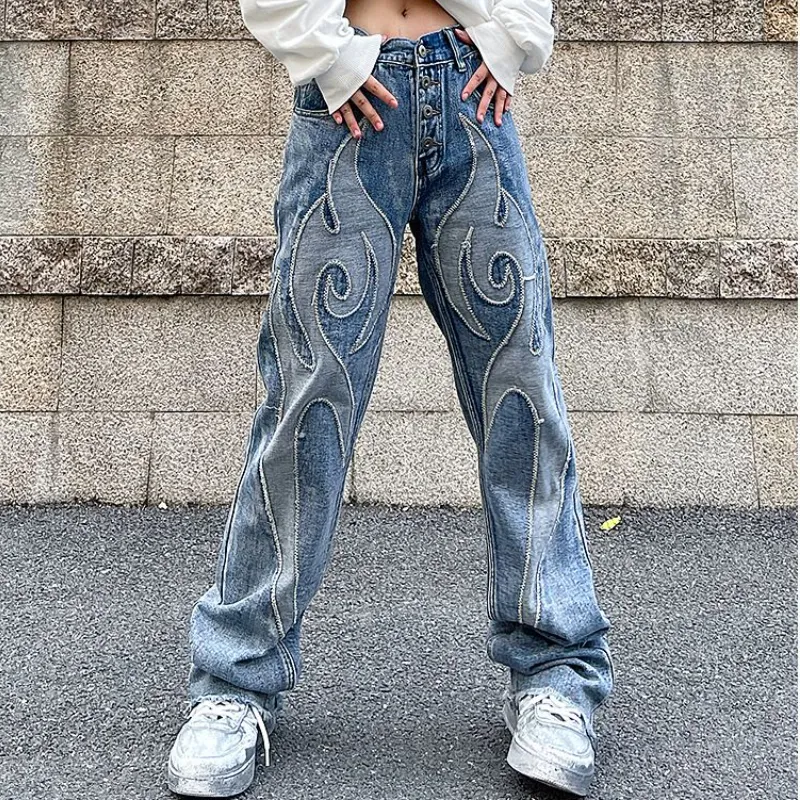 Dames Jeans Vintage Vlam Geborduurde High Rise Jeans Dames Washed Old Loose Fit Jeans Dames Y2K Jeans Casual Broek Loose Fit Jean 230726