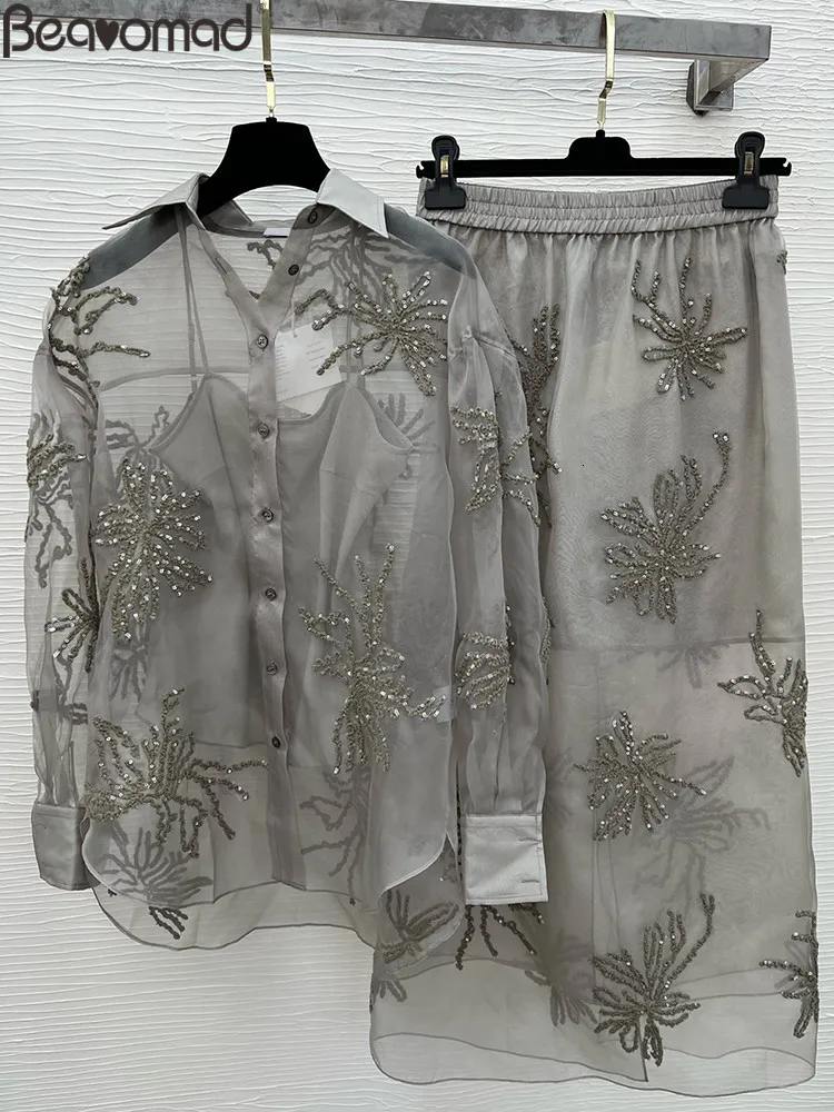 Vestido de dos piezas Bearomad Diseñador Primavera Vintage Color Gris Lentejuelas Bordado Falda Traje Mujer Linterna Manga Camisa Abrigo Cintura Elástica 230727