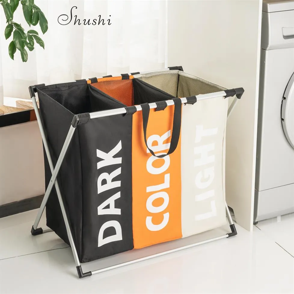 Shushi Waterproof Home Laundry Basket Oxford折りたたみ式ランドリーバスケットメタルダーティクロスストレージポータブルランドリー組織T2242V