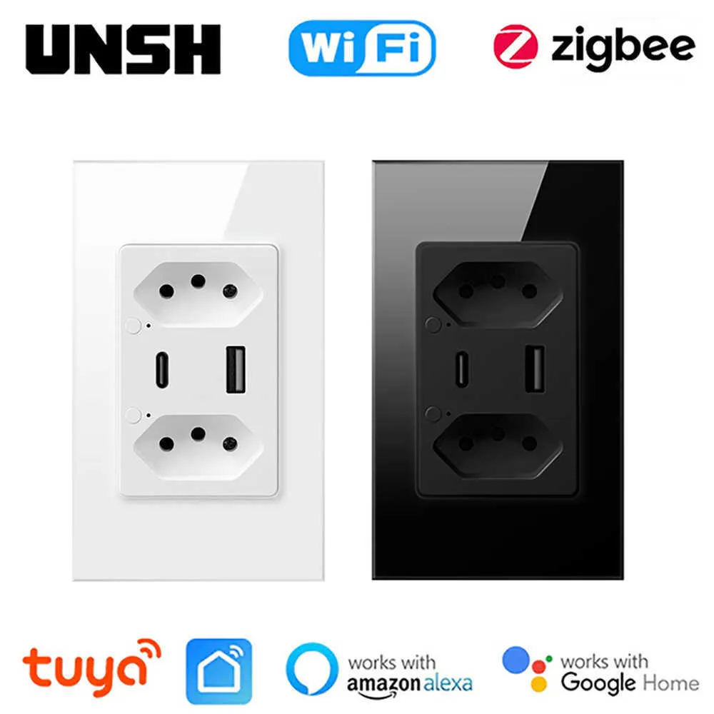 Smart Power Plugs Tuya WiFi/Zigbee Smart Brazil Wall Socket مع USB ونوع C Port Operts Outlets يعمل مع Home Alexa HKD230727