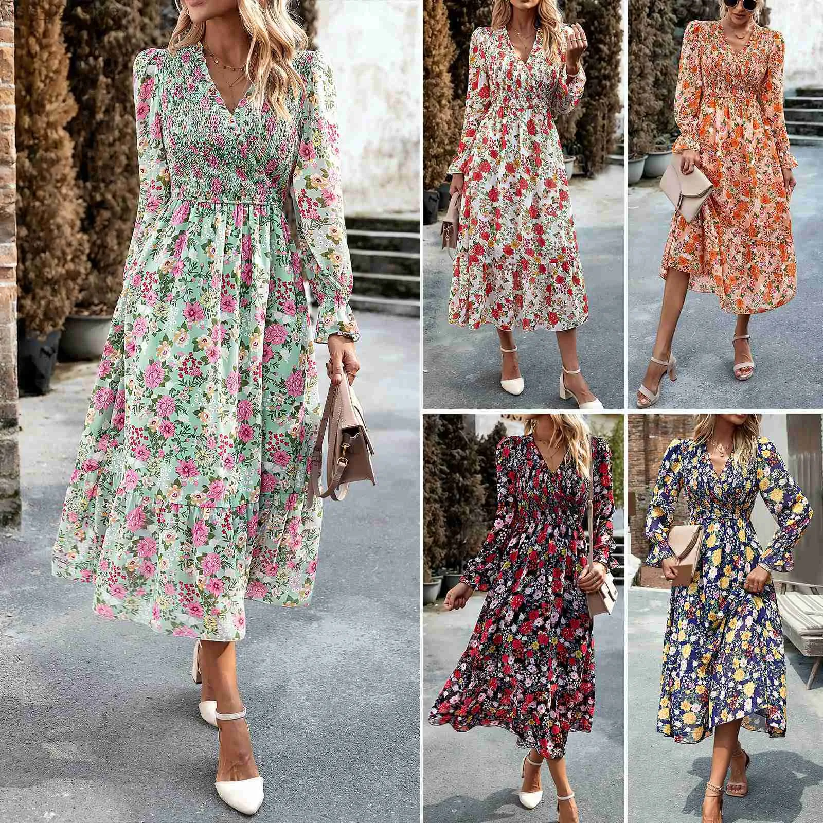 Basic Casual Dresses Printed Dress 2023 Autumn Elegant V-Neck Long Dress T230727