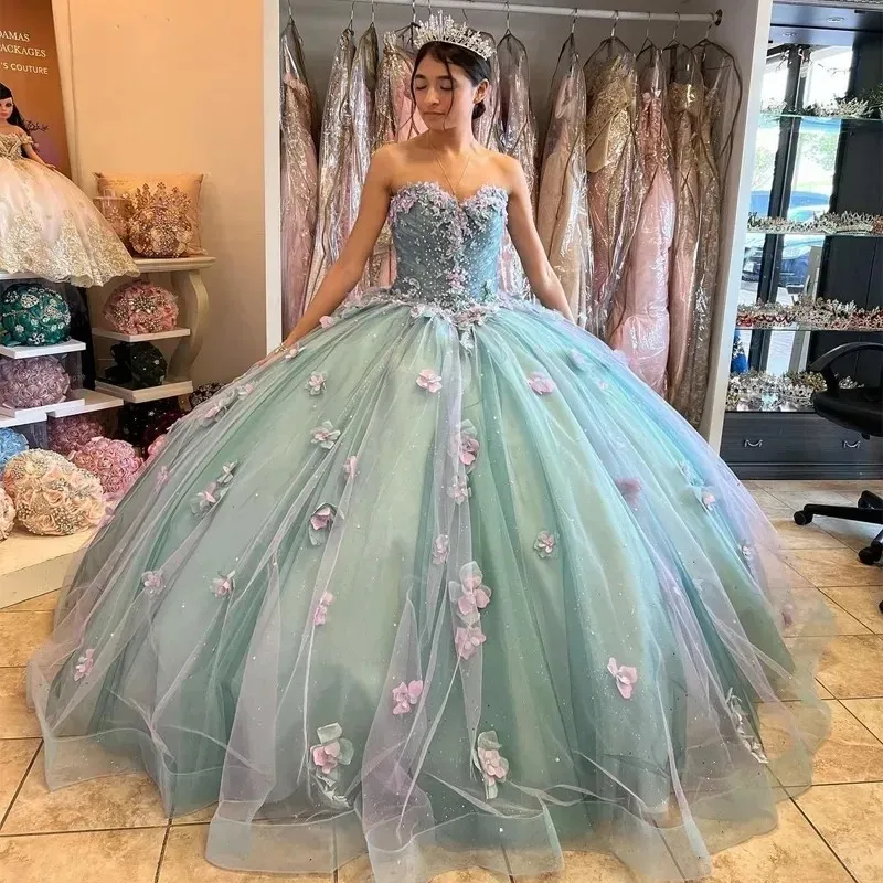 Mintgroen lieverd 3D bloemen quinceanera jurken met strik kralen appliques prinses korset terug verjaardagsfeestje jurk