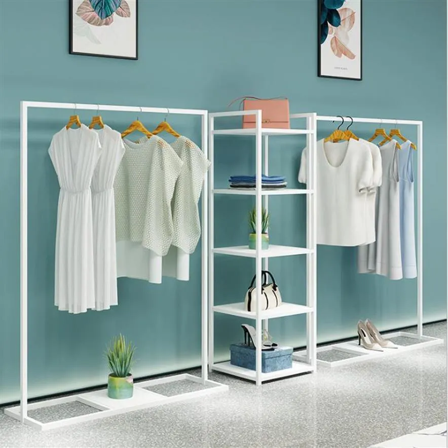 Simple clothing store display rack floor type men's shop shelf women's cloth hanging clothes racks white against the wal330c