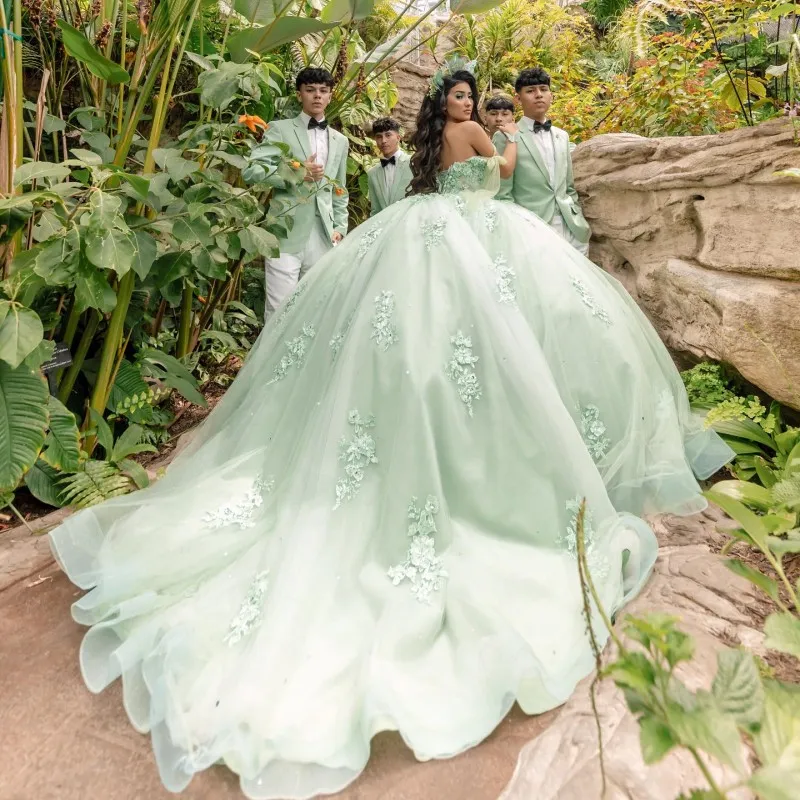 Sage Green Sexy Seweetheart Quinceanera Elbise Omuz Aplike Dantel Tull Vestidos De 15 Anos Balo Elbise