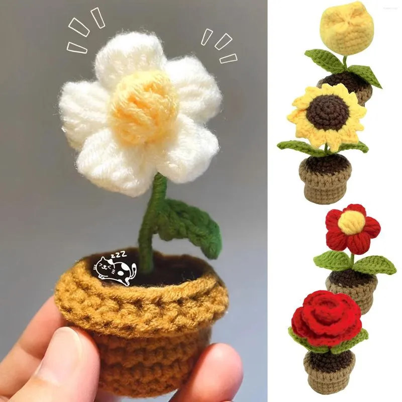 Fleurs décoratives 6 Pcs Crochet Plantes En Pot Faux Fleur Tissé À La Main Ornements Cadeau Pour Chambre Maison Table Bureau Décorations Artificielle