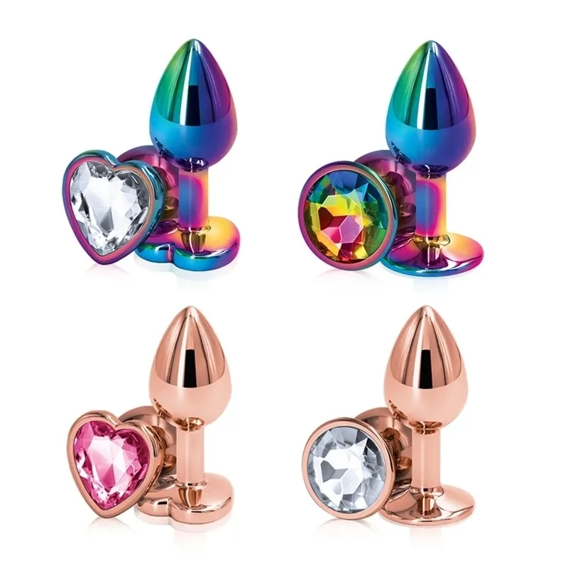 Anal Toys Rainbow Rose Gold Pink Small Medium Size Set Heart Shape Crystal Metal Anal Pärlor Butt Plug Jewelry Sex Toy for Female Male 230727