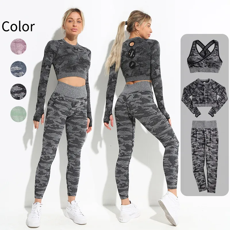 Yoga Outfit 2/3 Peça Mulheres Ginásio Sportswear Yoga Set Feminino Fitness Seamless Leggings Camuflagem Workout Yoga Outfits Manga Longa Fatos 230727