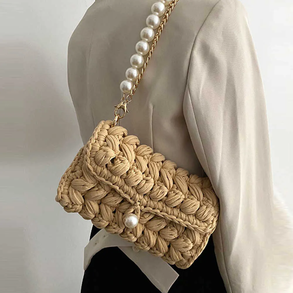 Corde à la main Crochet femmes sac à bandoulière concepteur tricot sacs à bandoulière pour femmes sacs à main perles chaînes sac à bandoulière fourre-tout 2022