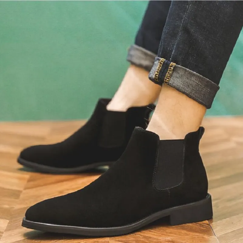 Erkekler Lüks Moda Chelsea Boots Siyah Trend Süet Deri Ayakkabı Kovboy Bahar Sonbahar Ayak Bilgi Botları Platform Kısa Botalar Hombre 1AA25