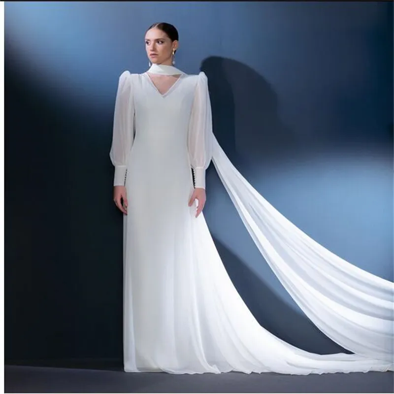 Marfil cuello en V mangas abullonadas vestidos de novia 2023 una línea de gasa larga ropa Arabia Saudita vestidos de novia recién llegados 2023