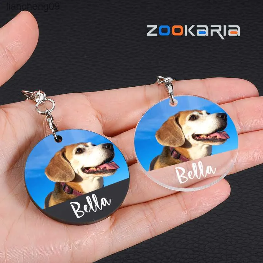 Acryl Clear Pet ID Tag Gepersonaliseerde Dog Tags met kleurrijke fotogravure Aangepaste naamplaat Anti-verloren huisdierhalsband hanger L230620