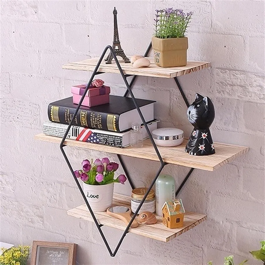 Bedroom Office Home Decoration Vintage Iron Metal Wood Wall Storage Shelf Rack Rhombus Wood Iron Craft Wall Book Hanging Rack Y200245Z