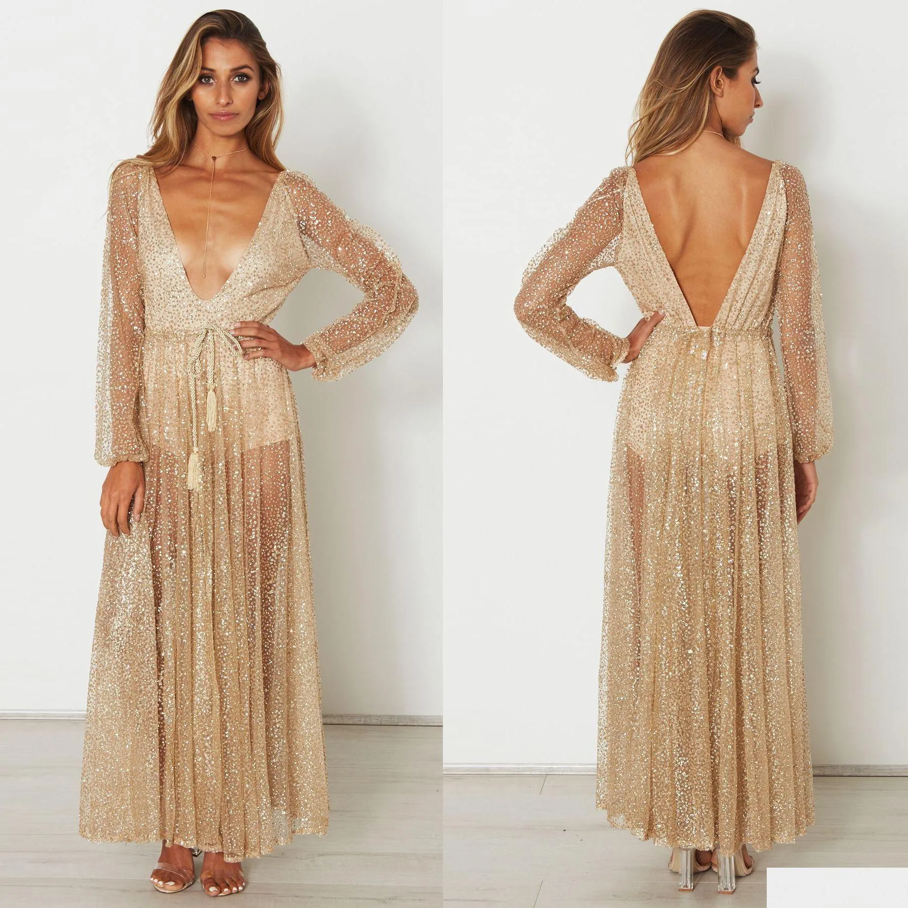 Basic Casual Dresses Lady Evening Party Long Dress With Rhinestone Gold Maxi Sleeves Mesh Y Deep V-Neck Clothing Drop Delivery Appar Dhnih
