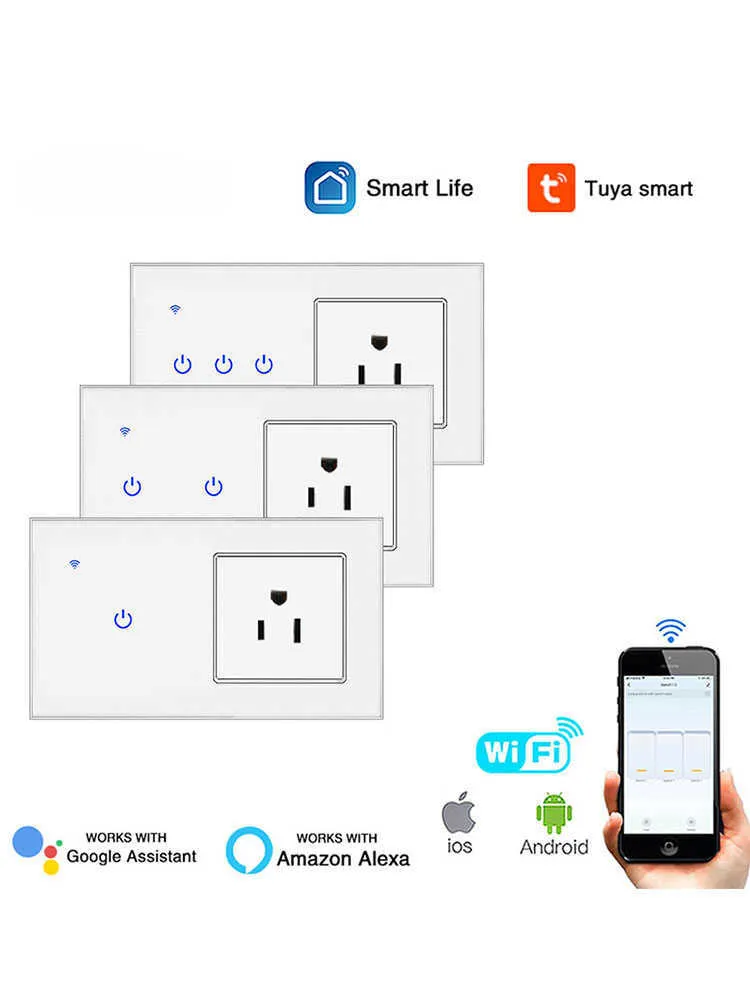 Prises d'alimentation intelligentes Interrupteur WiFi1gang2gang3gang blanc tactile avec prise américaine Commutateur et prise de télécommande vocale American Smart Tuya HKD230727