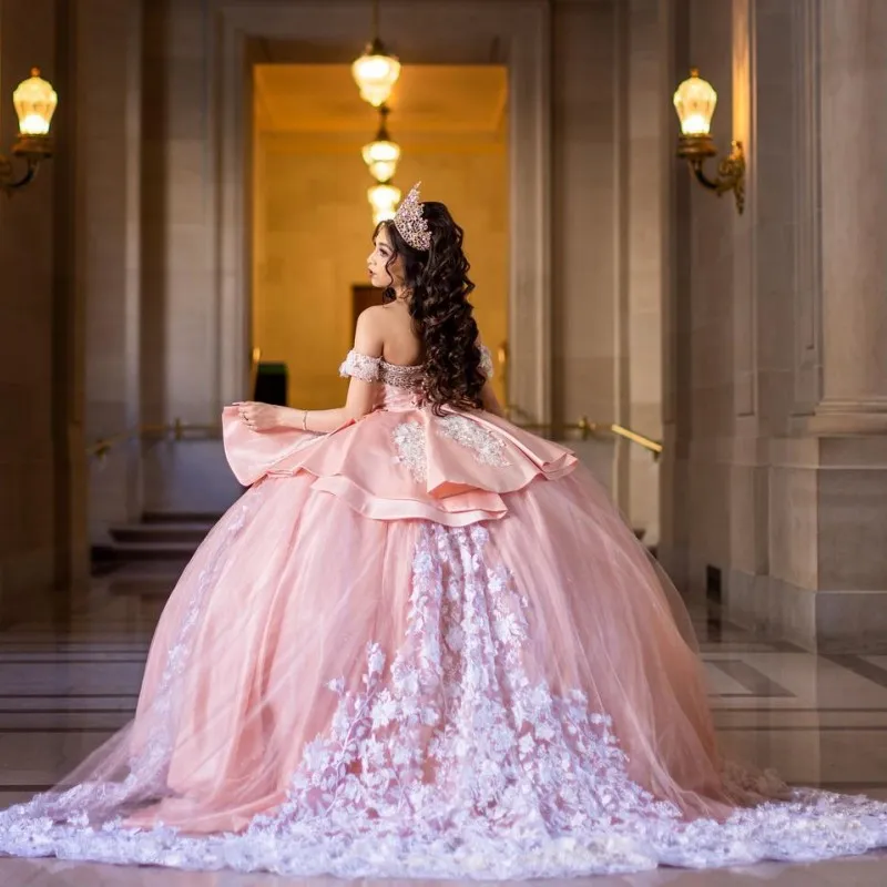 Robe princesse rose Quinceanera, robe de bal, 16 robes de perles, avec des Appliques en dentelle, robe de fête d'anniversaire pour filles, 2024