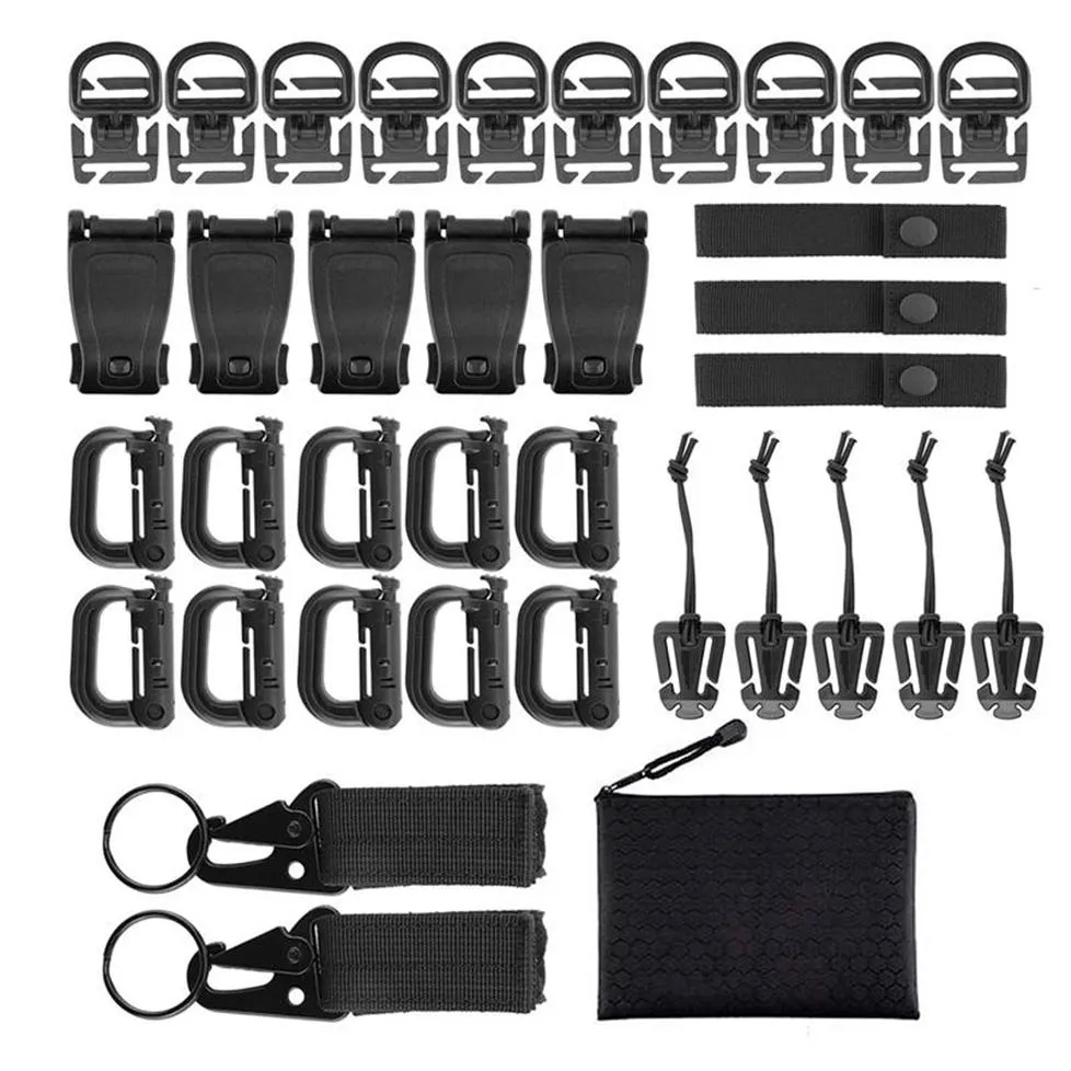 Hooks Rails 35st Molle Attachments Bag Clip Strap Set ryggsäck Webbing för Vest Belt med Zippered Pouch303G