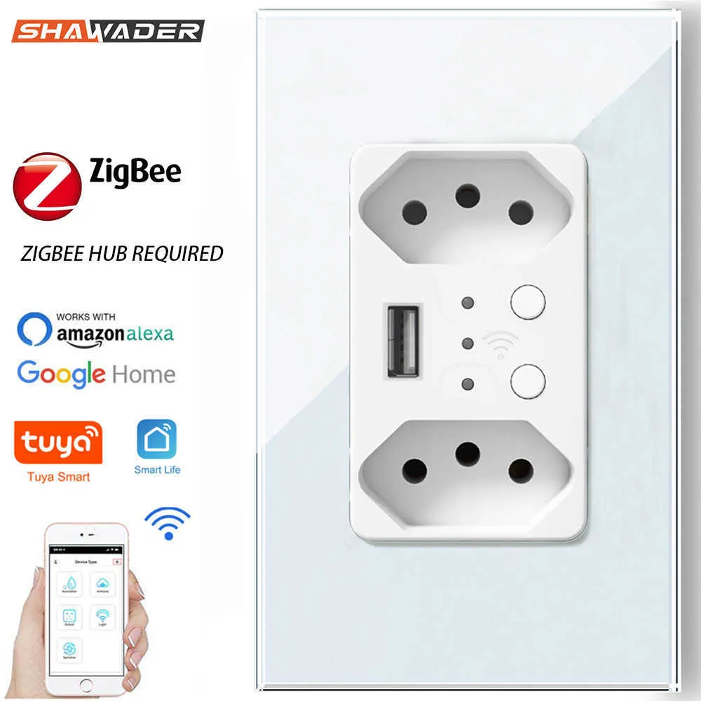 Smart Power Plugs Smart ZigBee Brasilian Wall Socket USB Electric Brasil Plugets PC Painel de vidro Remote por Tuya Alexa Home Hub exigido HKD230727