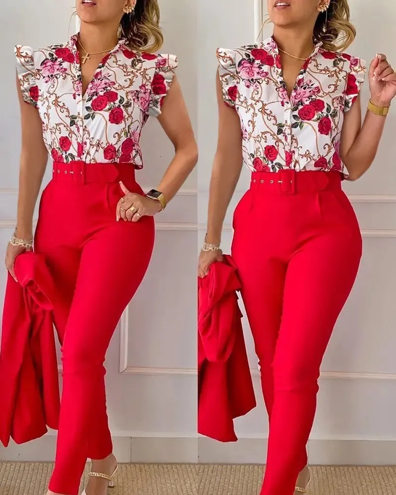 Womens Two Piece Pants Summer Fashion Print Set Women Casual Office Ladies  Button Flying Sleeve Shirt 230727 From 20,71 €