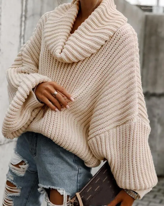 Suéteres de mujer Suéter Casual Manga de linterna Cuello alto Suéteres de punto grueso Niñas Sudadera larga de color caqui para mujeres
