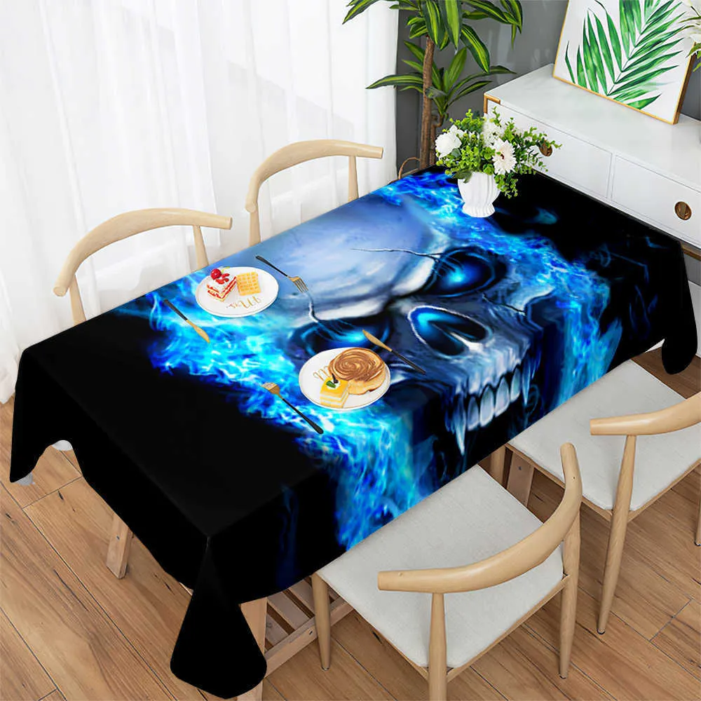 Toalha de mesa Osso Chama Crânio Fantasma Fogo Arte Morte Flor Padrão Toalha de Mesa Resistente a Manchas Presente de Feriado Horror Toalha de Mesa de Halloween R230727